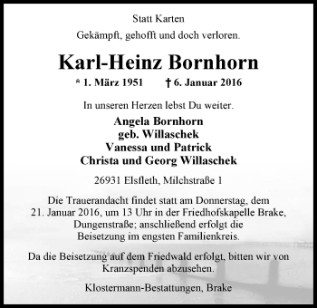 Traueranzeige von Karl-Heinz Bornhorn von Nordwest-Zeitung