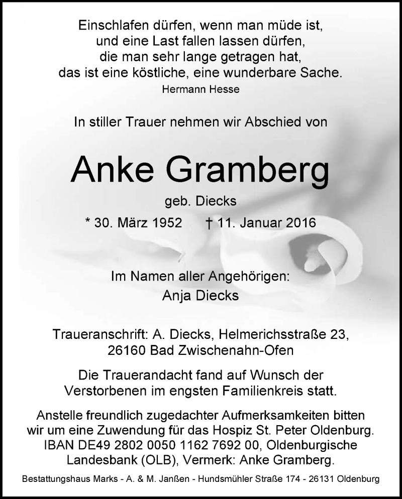  Traueranzeige für Anke Gramberg vom 16.01.2016 aus Nordwest-Zeitung