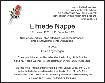 Traueranzeige von Elfriede Nappe von Nordwest-Zeitung