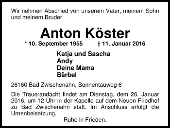 Traueranzeige von Anton Köster von Nordwest-Zeitung