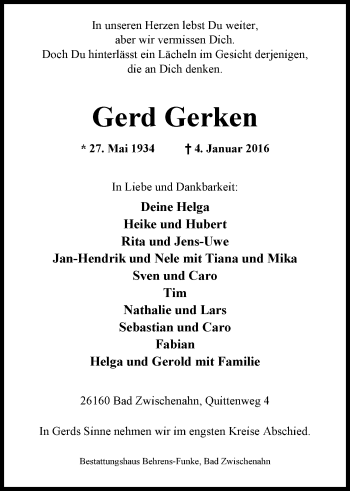 Traueranzeige von Gerd Gerken von Nordwest-Zeitung