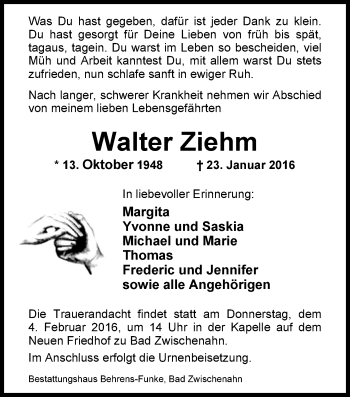 Traueranzeige von Walter Ziehm von Nordwest-Zeitung