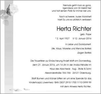 Traueranzeige von Herta Richter von Nordwest-Zeitung