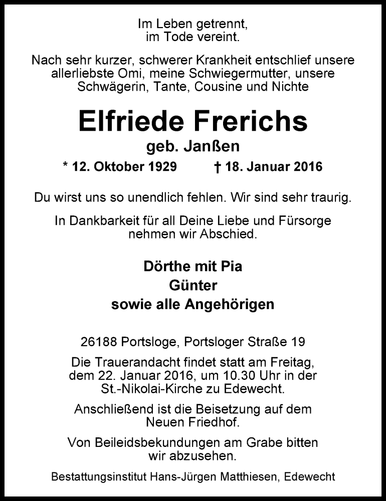  Traueranzeige für Elfriede Frerichs vom 20.01.2016 aus Nordwest-Zeitung