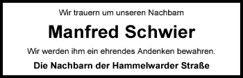 Traueranzeige von Manfred Schwier von Nordwest-Zeitung