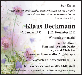 Traueranzeige von Klaus Beckmann von Nordwest-Zeitung