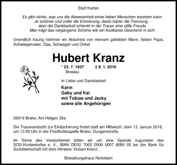 Traueranzeige von Hubert Kranz von Nordwest-Zeitung