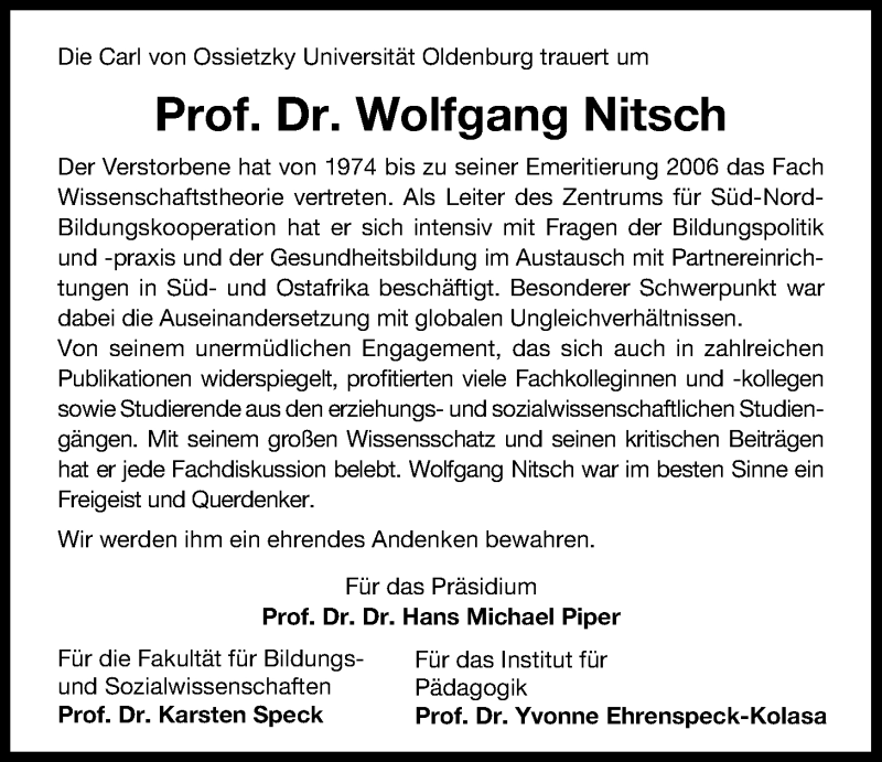  Traueranzeige für Wolfgang Nitsch vom 30.01.2016 aus Nordwest-Zeitung