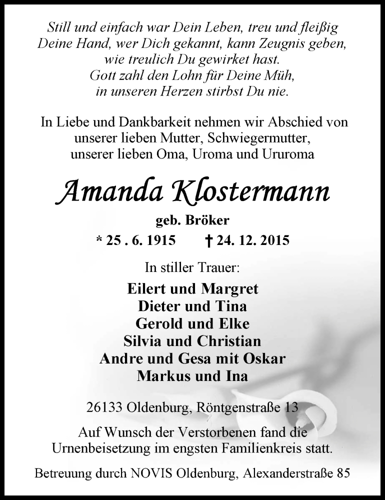  Traueranzeige für Amanda Klostermann vom 14.01.2016 aus Nordwest-Zeitung
