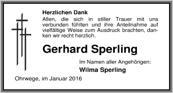 Traueranzeige von Gerhard Sperling von Nordwest-Zeitung