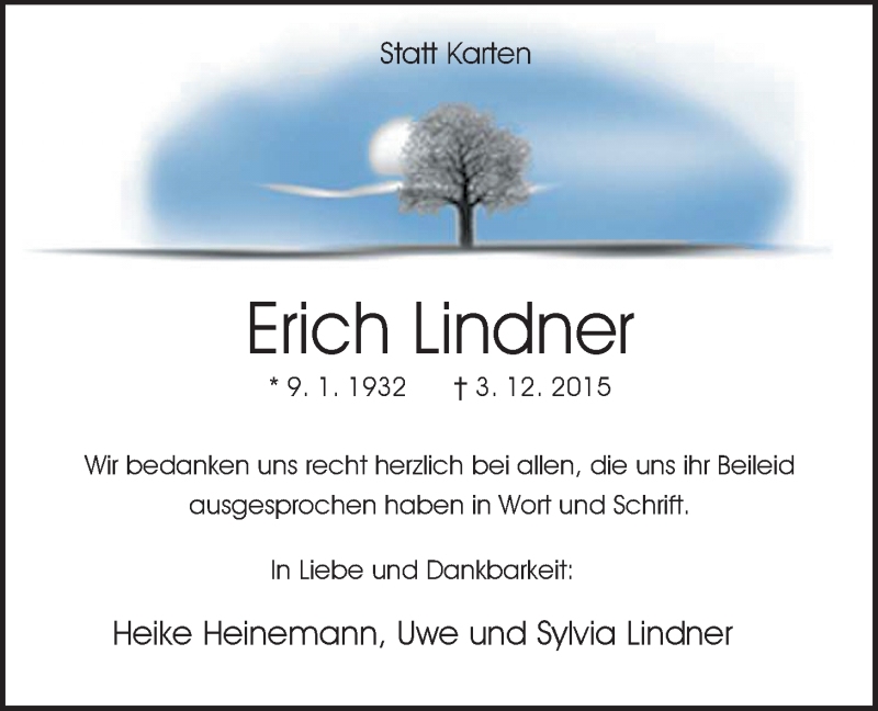  Traueranzeige für Erich Lindner vom 30.01.2016 aus Nordwest-Zeitung