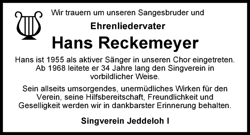  Traueranzeige für Hans Reckemeyer vom 27.01.2016 aus Nordwest-Zeitung