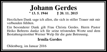 Traueranzeige von Johannes Gerdes von Nordwest-Zeitung