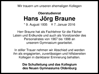 Traueranzeige von Hans Jörg Braune von Nordwest-Zeitung
