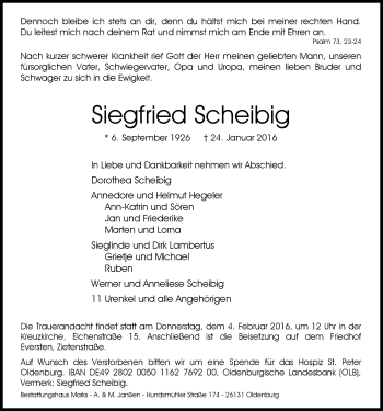 Traueranzeige von Siegfried Scheibig von Nordwest-Zeitung