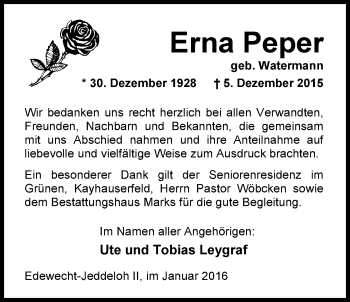 Traueranzeige von Erna Peper von Nordwest-Zeitung