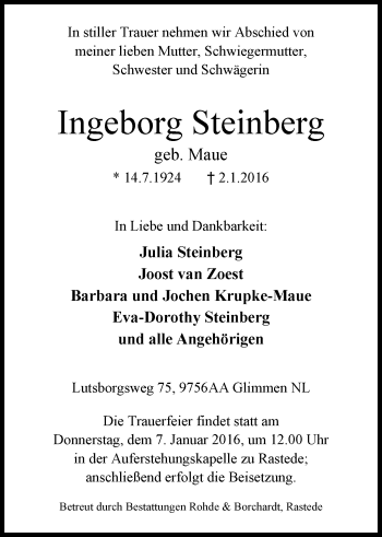 Traueranzeige von Ingeborg Steinberg von Nordwest-Zeitung