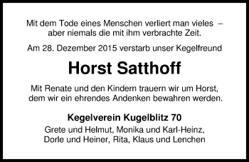 Traueranzeige von Horst Satthoff von Nordwest-Zeitung