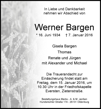 Traueranzeige von Werner Bargen von Nordwest-Zeitung