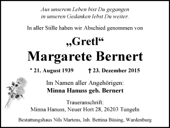 Traueranzeige von Margarete Bernert von Nordwest-Zeitung