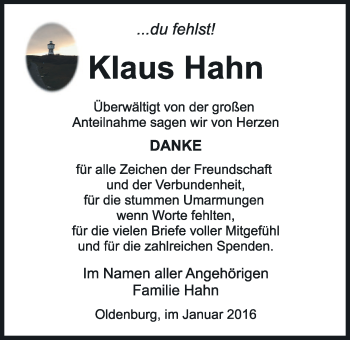 Traueranzeige von Klaus Hahn von Nordwest-Zeitung
