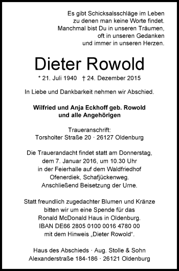 Traueranzeige von Dieter Rowold von Nordwest-Zeitung