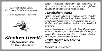 Traueranzeige von Stephen Hewitt von Nordwest-Zeitung