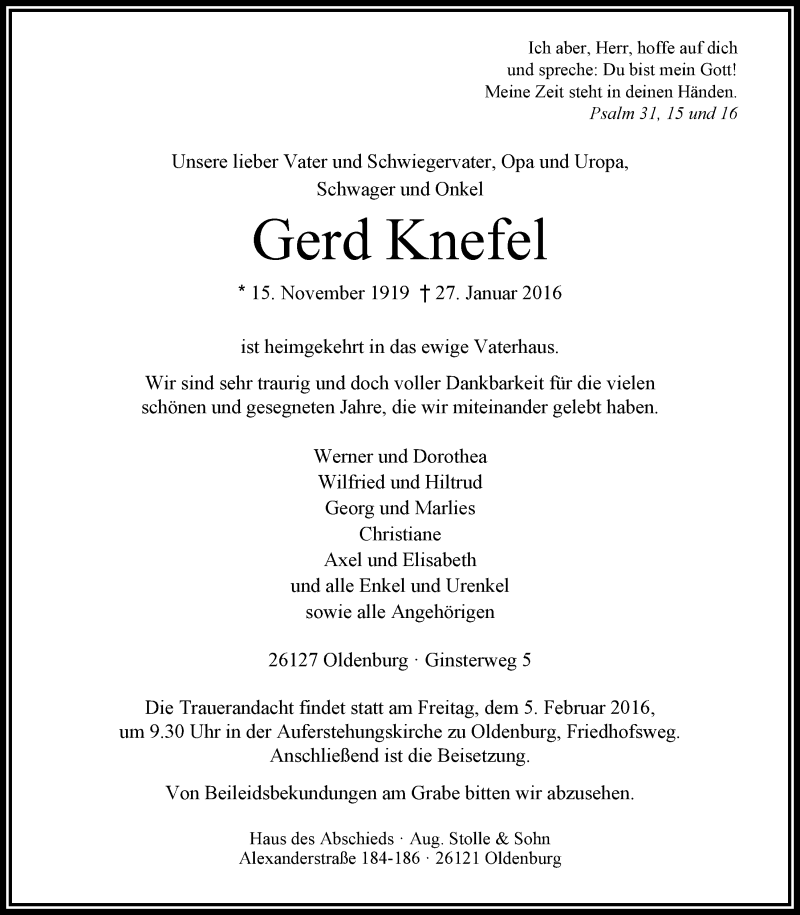  Traueranzeige für Gerd Knefel vom 30.01.2016 aus Nordwest-Zeitung
