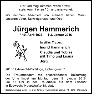 Traueranzeige von Jürgen Hammerich von Nordwest-Zeitung