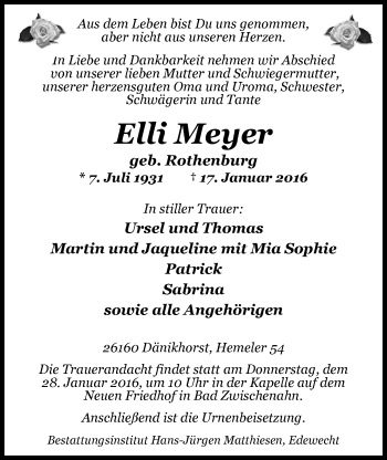 Traueranzeige von Elli Meyer von Nordwest-Zeitung