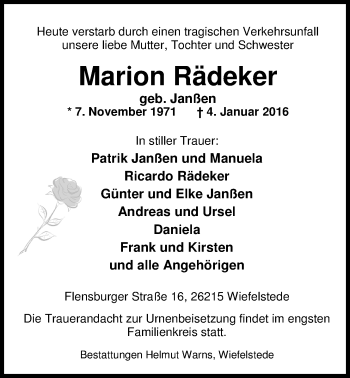 Traueranzeige von Marion Rädeker von Nordwest-Zeitung