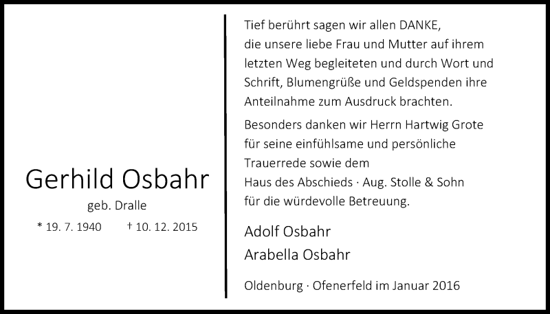  Traueranzeige für Gerhild Osbahr vom 30.01.2016 aus Nordwest-Zeitung