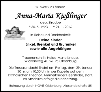 Traueranzeige von Anna-Maria Kießlinger von Nordwest-Zeitung