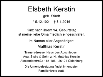 Traueranzeige von Elsbeth Kerstin von Nordwest-Zeitung