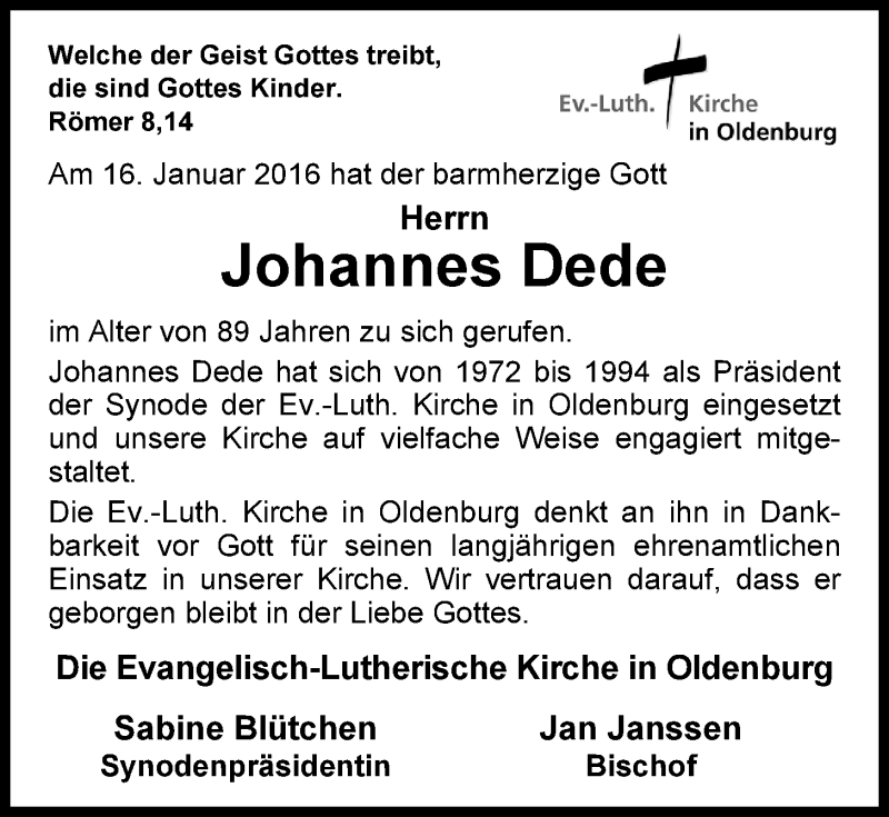  Traueranzeige für Johannes Dede vom 20.01.2016 aus Nordwest-Zeitung