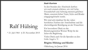 Traueranzeige von Ralf Hülsing von Nordwest-Zeitung