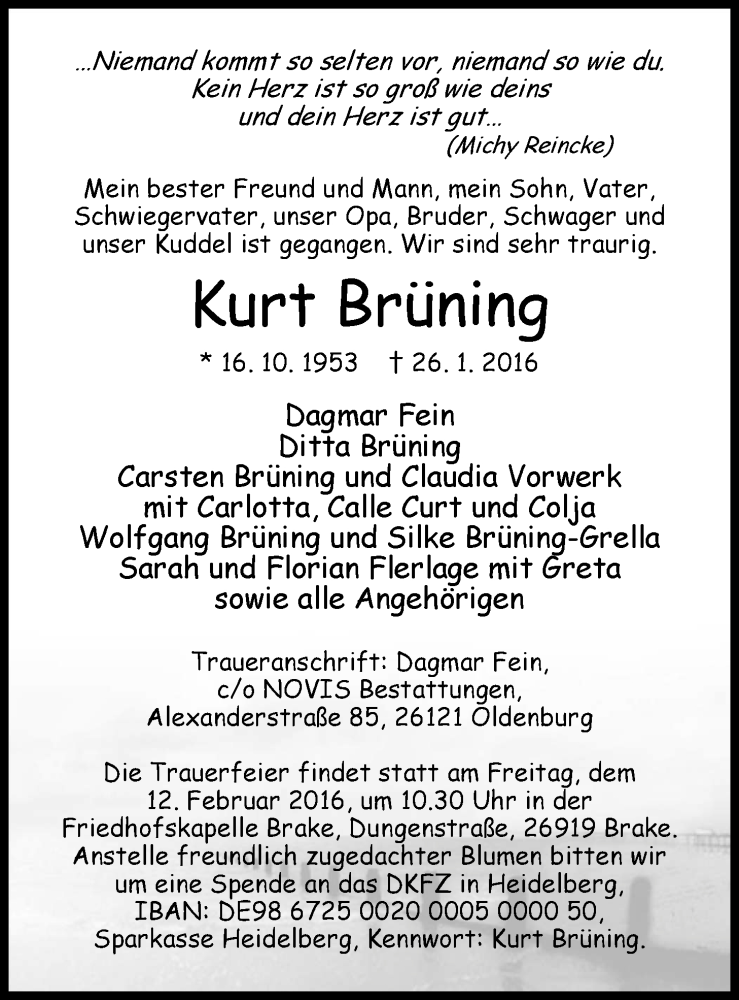  Traueranzeige für Kurt Brüning vom 30.01.2016 aus Nordwest-Zeitung