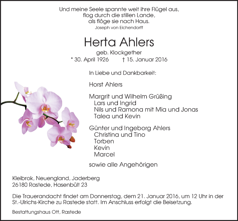  Traueranzeige für Herta Ahlers vom 18.01.2016 aus Nordwest-Zeitung