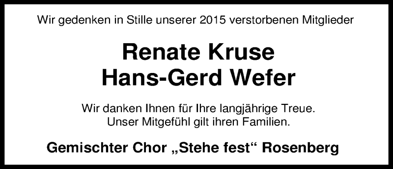  Traueranzeige für Hans-Gerd Wefer vom 04.01.2016 aus Nordwest-Zeitung
