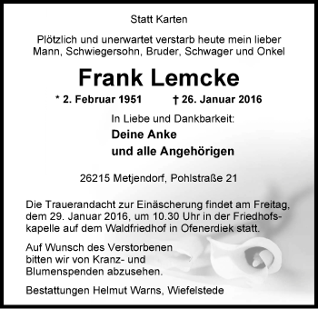 Traueranzeige von Frank Lemcke von Nordwest-Zeitung