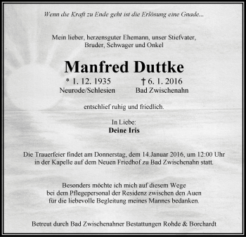 Traueranzeige von Manfred Duttke von Nordwest-Zeitung