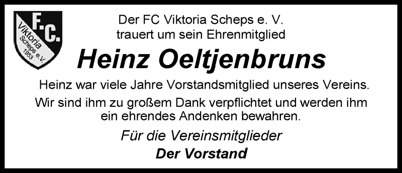 Traueranzeige für Heinz Oeltjenbruns vom 27.01.2016 aus Nordwest-Zeitung