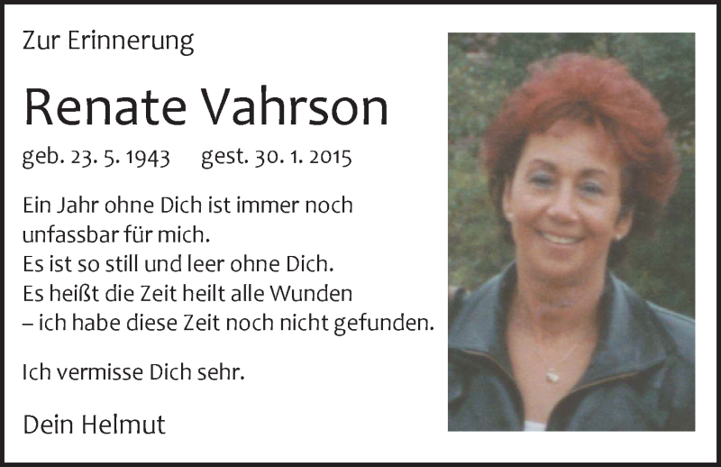 Traueranzeige für Renate Vahrson vom 30.01.2016 aus Nordwest-Zeitung