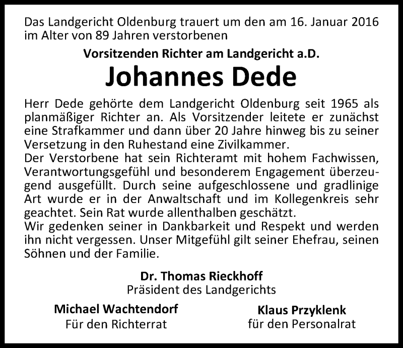  Traueranzeige für Johannes Dede vom 20.01.2016 aus Nordwest-Zeitung