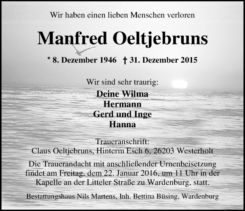  Traueranzeige für Manfred Oeltjenbruns vom 16.01.2016 aus Nordwest-Zeitung