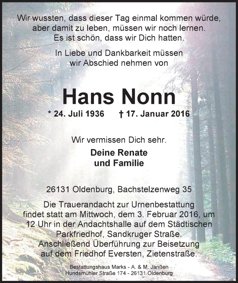  Traueranzeige für Hans Nonn vom 22.01.2016 aus Nordwest-Zeitung