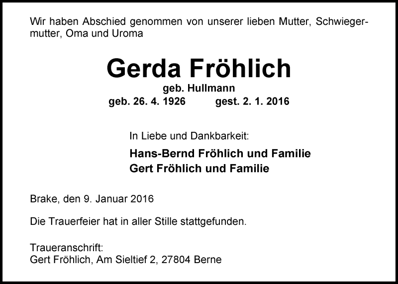  Traueranzeige für Gerda Fröhlich vom 09.01.2016 aus Nordwest-Zeitung