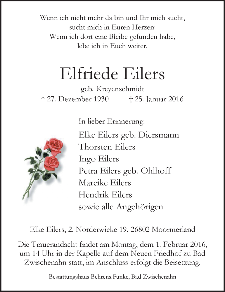 Traueranzeige für Elfriede Eilers vom 29.01.2016 aus Nordwest-Zeitung