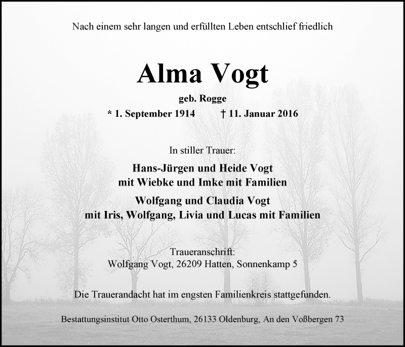  Traueranzeige für Alma Vogt vom 16.01.2016 aus Nordwest-Zeitung
