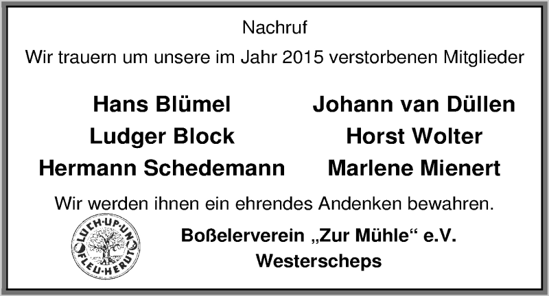  Traueranzeige für Hermann Schedemann vom 09.01.2016 aus Nordwest-Zeitung